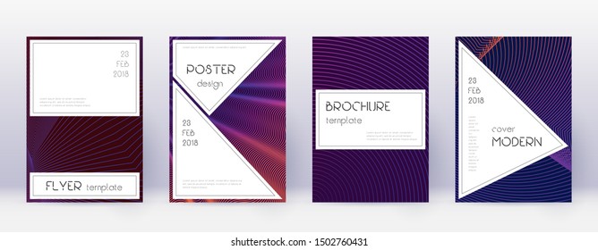 Stylish brochure design template set. Violet abstract lines on dark background. Bewitching brochure design. Indelible catalog, poster, book template etc.