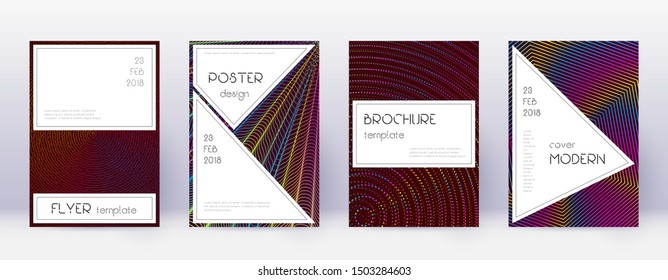 Stylish brochure design template set. Rainbow abstract lines on wine red background. Bewitching brochure design. Bold catalog, poster, book template etc.