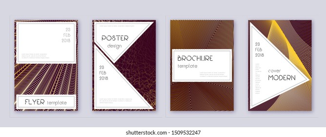 Stylish brochure design template set. Gold abstract lines on bordo background. Beautiful brochure design.  catalog, poster, book template etc.