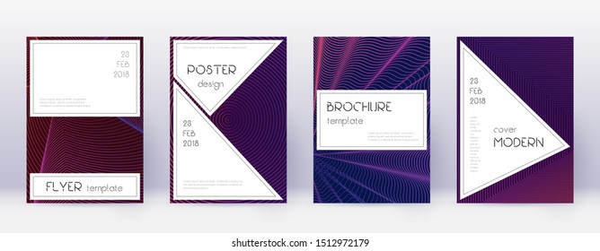 Stylish brochure design template set. Violet abstract lines on dark background. Bewitching brochure design. Imaginative catalog, poster, book template etc.