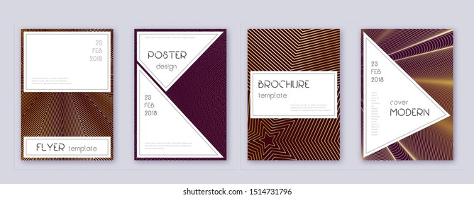 Stylish brochure design template set. Gold abstract lines on bordo background. Beautiful brochure design. Amusing catalog, poster, book template etc.