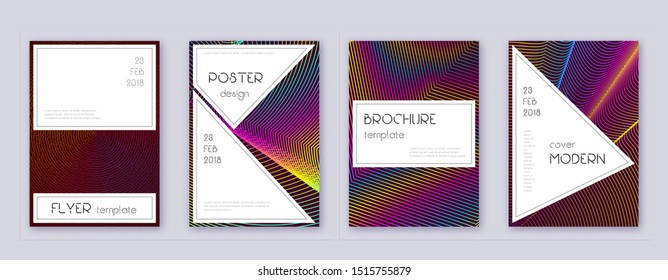 Stylish brochure design template set. Rainbow abstract lines on wine red background. Bewitching brochure design. Adorable catalog, poster, book template etc.