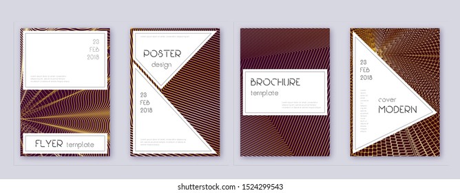 Stylish brochure design template set. Gold abstract lines on bordo background. Beautiful brochure design. Artistic catalog, poster, book template etc.