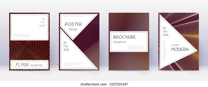Stylish brochure design template set. Gold abstract lines on bordo background. Beautiful brochure design. Comely catalog, poster, book template etc.