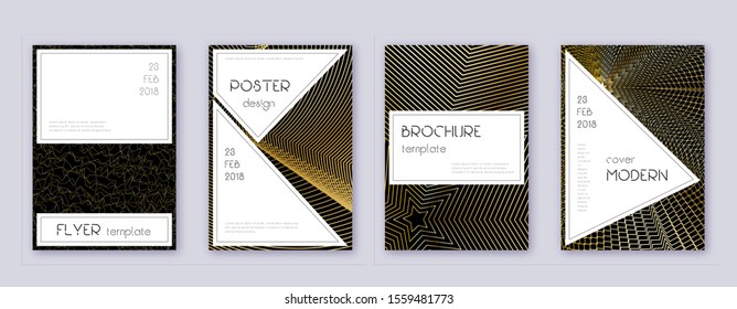 Stylish brochure design template set. Gold abstract lines on black background. Beauteous brochure design. Stunning catalog, poster, book template etc.
