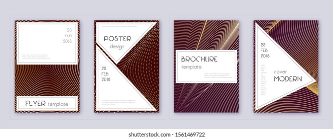 Stylish brochure design template set. Gold abstract lines on bordo background. Beautiful brochure design. Amazing catalog, poster, book template etc.