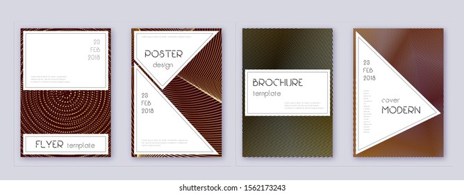 Stylish brochure design template set. Gold abstract lines on bordo background. Beautiful brochure design. Bold catalog, poster, book template etc.