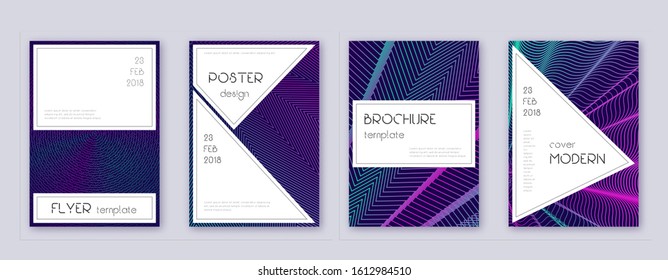 Stylish brochure design template set. Neon abstract lines on dark blue background. Beautiful brochure design. Ideal catalog, poster, book template etc.