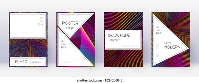 Stylish brochure design template set. Rainbow abstract lines on wine red background. Bewitching brochure design. Captivating catalog, poster, book template etc.