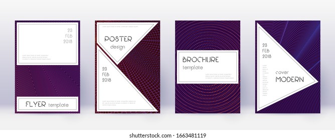 Stylish brochure design template set. Violet abstract lines on dark background. Bewitching brochure design. Likable catalog, poster, book template etc.