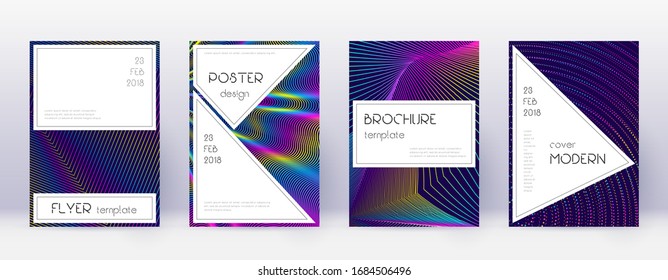 Stylish brochure design template set. Rainbow abstract lines on dark blue background. Bewitching brochure design. Actual catalog, poster, book template etc.