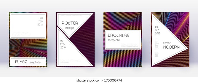 Stylish brochure design template set. Rainbow abstract lines on wine red background. Bewitching brochure design. Charming catalog, poster, book template etc.