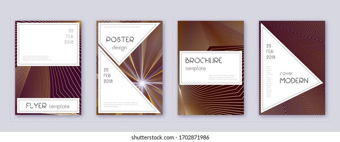 Stylish brochure design template set. Gold abstract lines on bordo background. Beautiful brochure design. Alluring catalog, poster, book template etc.
