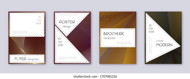 Stylish brochure design template set. Gold abstract lines on bordo background. Beautiful brochure design. Attractive catalog, poster, book template etc.