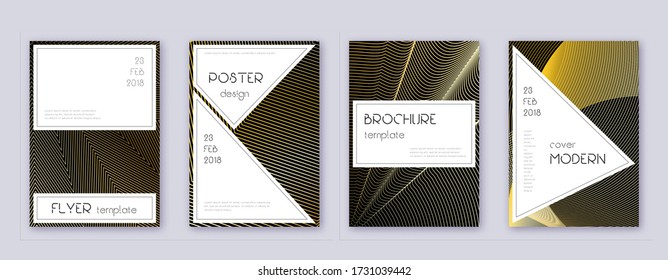 Elegante juego de plantillas de diseño de folleto. Líneas abstractas de oro sobre fondo negro. Hermoso diseño de folletos. Catálogo, afiche, plantilla de libro, etc.