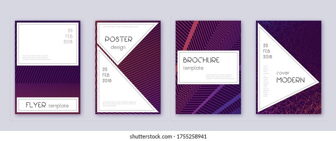 Stylish brochure design template set. Violet abstract lines on dark background. Bewitching brochure design. Fresh catalog, poster, book template etc.