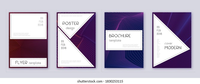 Stylish brochure design template set. Violet abstract lines on dark background. Bewitching brochure design. Grand catalog, poster, book template etc.