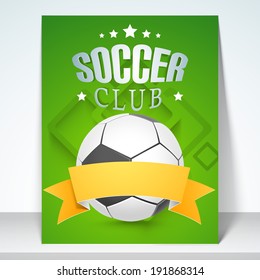 Stylish brochure or template design with shiny soccer ball, golden ribbon and stylish text Soccer Cub.  