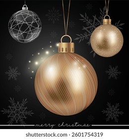 A stylish bronze holiday ball with a line pattern on a backdrop of scattered snowflakes.