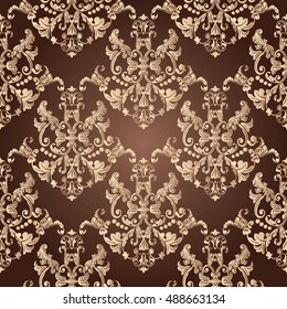 Stylish brown baroque damask floral vector seamless pattern background wallpaper illustration with vintage beige 3d antique medieval flowers and ornaments.
