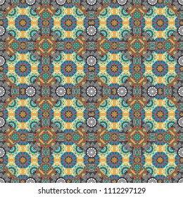 Stylish brown, blue and gray texture. Vector abstract geometric background. Seamless pattern with rhombus and polygons forming abstract wallpaper.