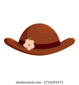 Stylish brown hat featuring a delicate flower decoration and ribbon, adding a touch of elegance