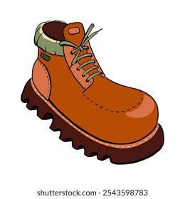 Bota de caminhada marrom elegante que apresenta uma sola durável para suporte extra e conforto. Ilustração de esboço vetorial. Turismo.