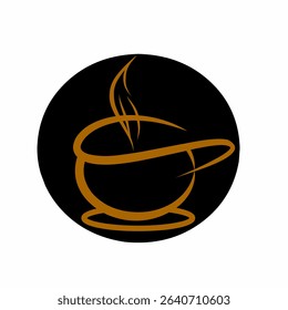 Stylish brown outline of a steaming hot beverage cup against a minimalist black circular background, ideal for coffee shop logos or drink-related branding