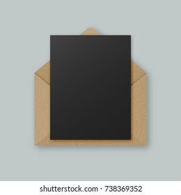 Stylish brown realistic kraft paper vector envelope with blank black letter paper sheet mockup template with copyspace for your design. Envelope email invitation greeting card concept.