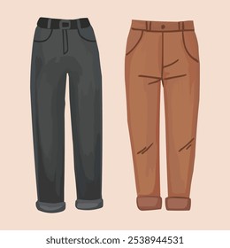 Stylish brown trousers and grey jeans designed for autumn or winter, perfect for both men and women seeking comfort and fashion in colder seasons.