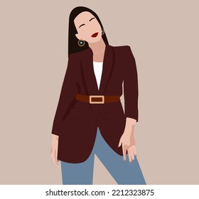 Stylish brunette girl in a jacket and blue jeans. Fashionable image for autumn in the office or for a walk. Business lady, office employee. Woman in fashionable accessories earrings, pendant aground