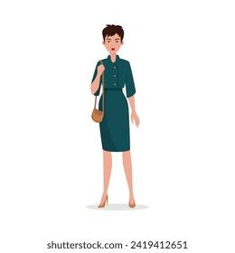 Stylish brunette with short hair, female character in dress standing vector illustration