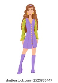 Stylish brunette woman with long har in vintage 60s fashion. Confident retro female character. 1960s fashion teenager girl vector illustration. Hippie girl wears colourful clothes