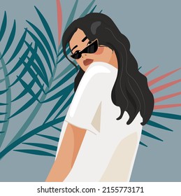 Stylish brunette woman with sunglasses and a white T-shirt on a blue tropical background. Vector flat illustrations of a girl on vacation