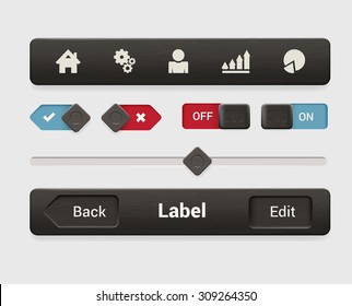Stylish brushed metal texture mobile app smartphone tablet web interface element set. Dark metallic textured tab navigation bar radio switch button slider. Interfaces elements collection.