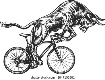 Stylish bull on a bicycle symbol of 2021 vector sketch print for t-shirt logo