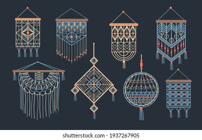 Stylish bundle of macrame wall hangings flat pictures for web design. Cartoon bohemian decor made of interwoven cord isolated vector illustrations. Handcrafted house decorations and interior concept
