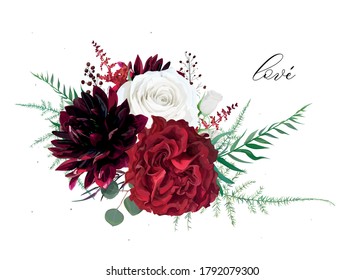 Stylish, burgundy dahlia, ivory white and red wine peony roses flowers & buds, tender asparagus green leaves, fern, astilbe, silver blue eucalyptus, berry, vector floral bouquet. Boho designer element