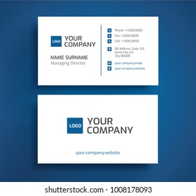 Stylish business card template vector - blue and white color - minimalist front and back design, two sides layout
