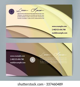 Stylish business cards with colorful wavy stripes. Vector illustration. 5 x 9 cm size.