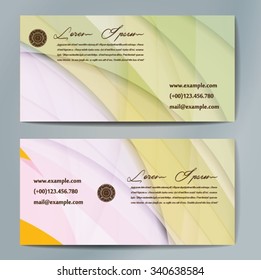 Stylish business cards with colorful wavy stripes. Vector illustration. 5 x 9 cm size.
