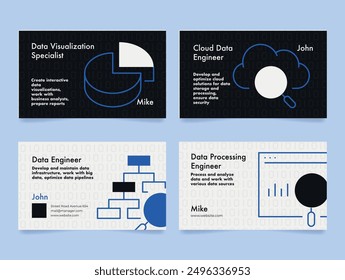 Stylish business cards highlighting data engineering roles with vibrant designs, showcasing expertise in data visualization and cloud solutions.