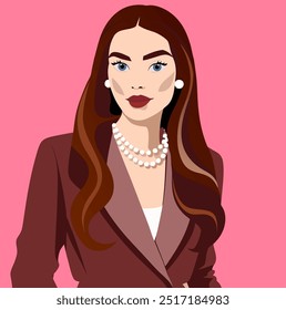 Chica de negocios con estilo en una chaqueta y accesorios de moda. Retrato de Vector de una chica en una chaqueta y un collar de perlas. Imagen de oficina de estilo chica. Núcleo de la oficina