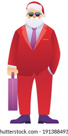 Stylish business Santa in red suit with sunglasses and purple briefcase.