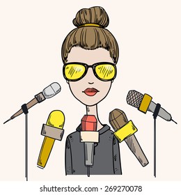Stylish business woman gives interview for mass media, news, television in bright glasses. Vector modern illustration for your design