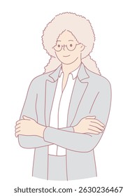 A stylish business woman poses confidently with her arms crossed, showcasing a strong sense of professionalism