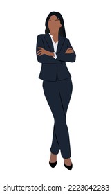 Stylish business woman wearing formal suit. Trendy African American woman standing vector realistic illustration isolated on white background. Modern female character in fashionable outfit.