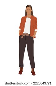 Stylish Business Woman Wearing Modern Smart Casual Office Outfit. Attractive Young Girl In Fashionable Autumn Look. Pretty Cartoon Female Character. Lady Boss. Vector Realistic Illustration Isolated.