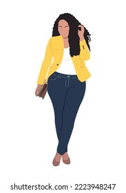 Stylish Business Woman Wearing Modern Smart Casual Outfit. Attractive Curvy Girl In Fashionable Office Look. Pretty Cartoon Plus Size Female Character. Vector Realistic Illustration Isolated On White.