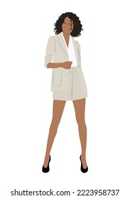 Stylish Business Woman Wearing Modern Smart Casual Office Outfit. Attractive Sexy Girl In Fashionable Look. Pretty Cartoon Female Character. Lady Boss. Vector Realistic Illustration Isolated On White.